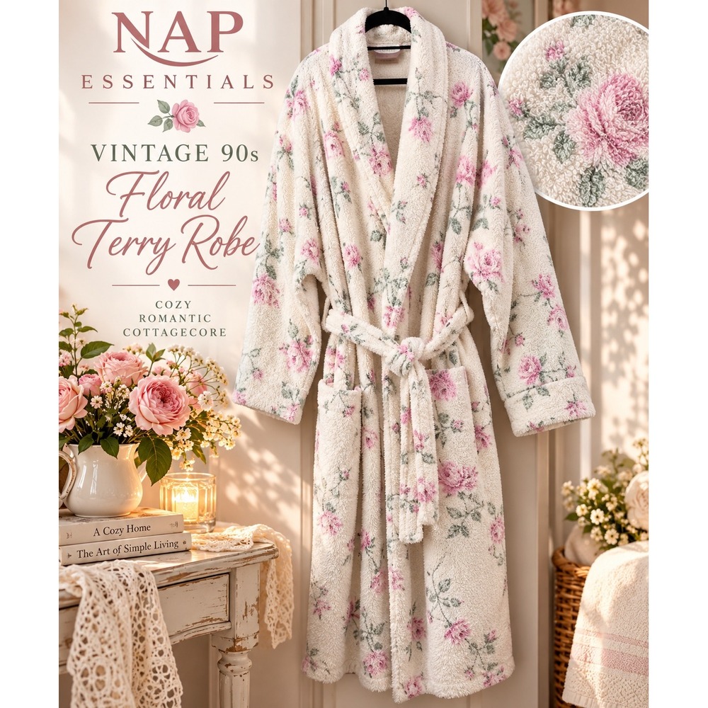 Vintage NAP Essentials Floral Terry Robe Pink Rose Cottagecore 90s One Size